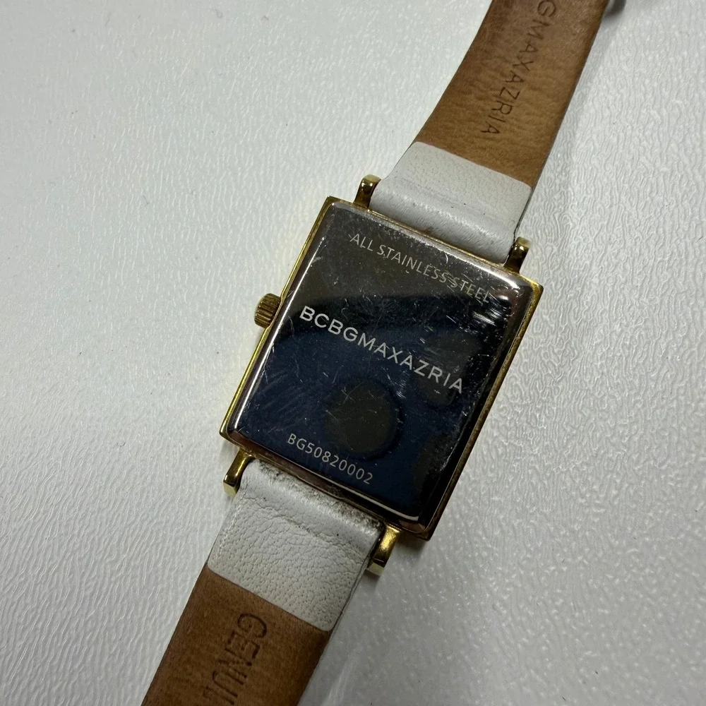 BCBGMAXAZRIA Womens Watch Gold Tone Rectangle Case White Leather BG50820002